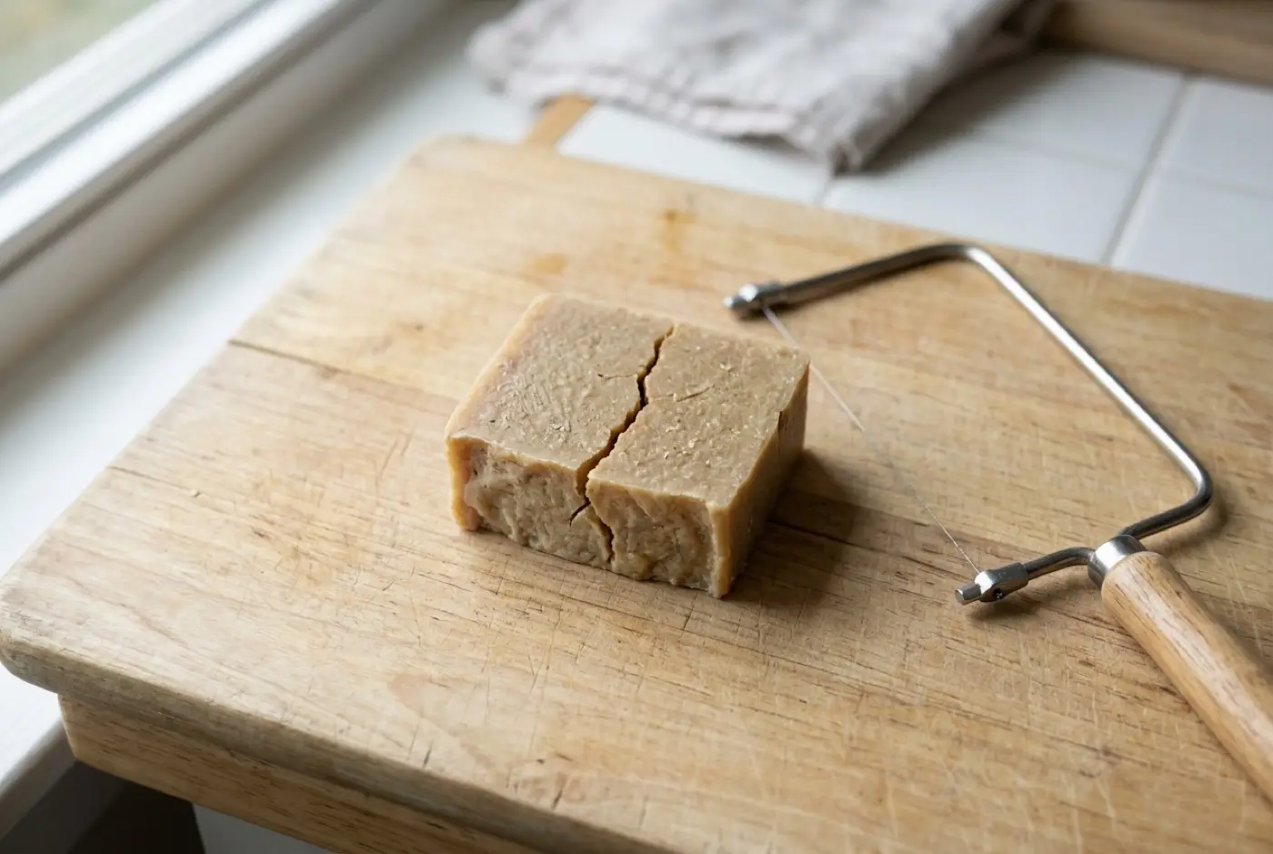 A cracked bar of handmade soap sits on a wooden cutting board beside a wire cutter.