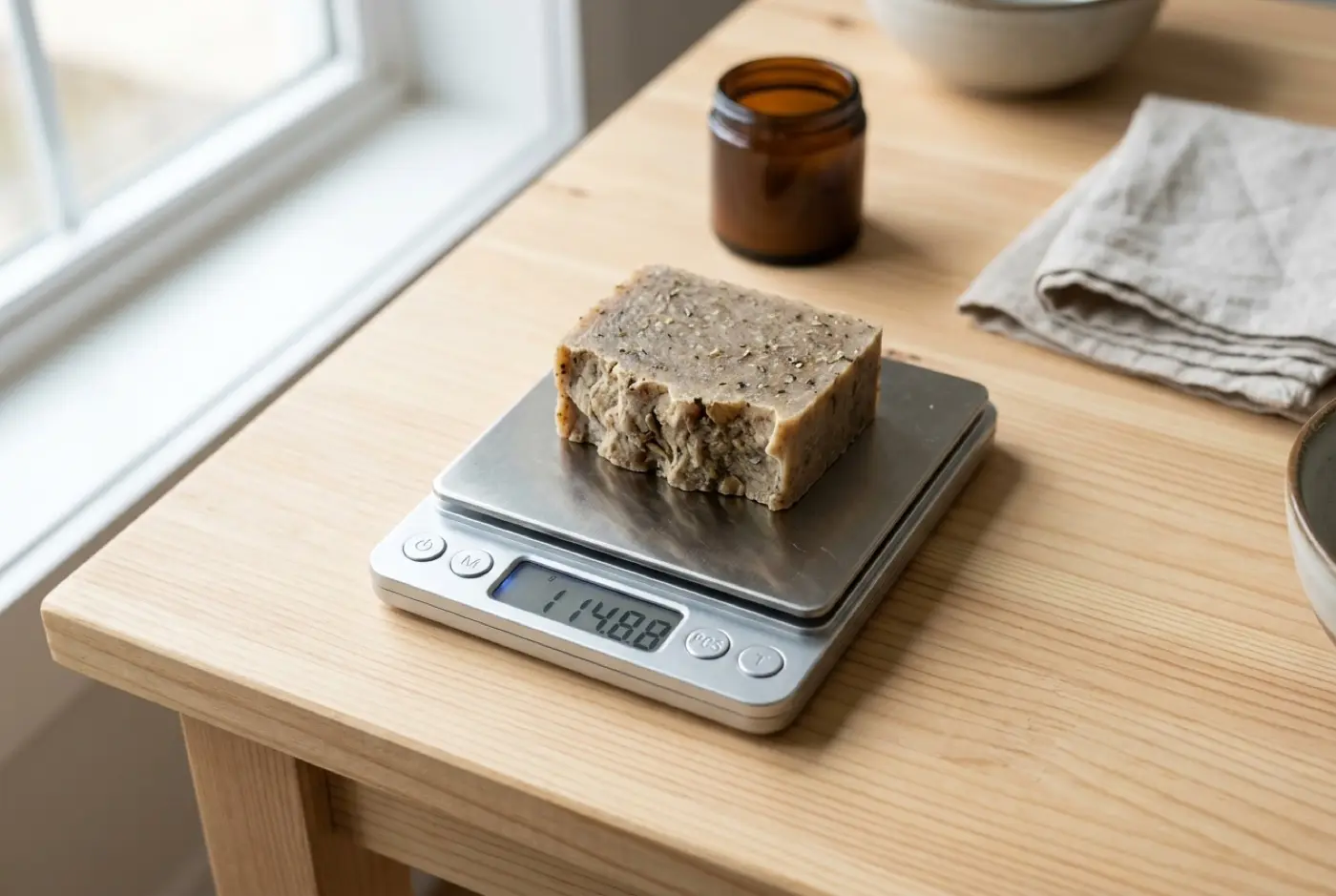 A rustic bar of handmade soap rests on a digital scale on a wooden table.