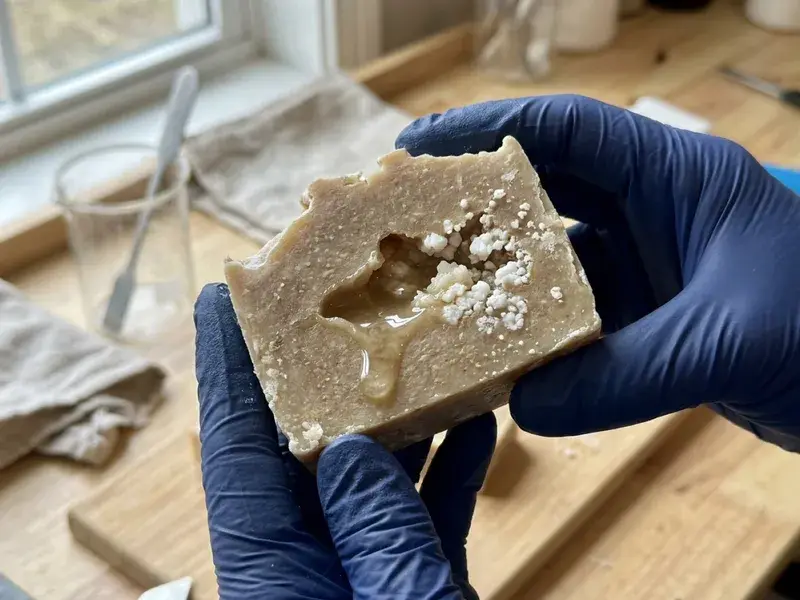 A cut soap bar with a small hollow holding clear liquid and a cluster of hard white crystals