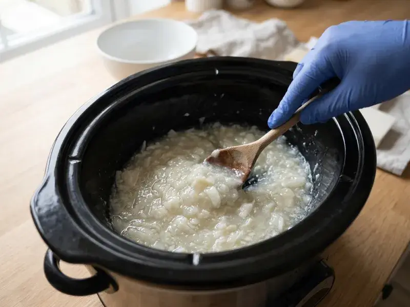 Grated soap shreds melting into a thick, translucent mass in a slow cooker