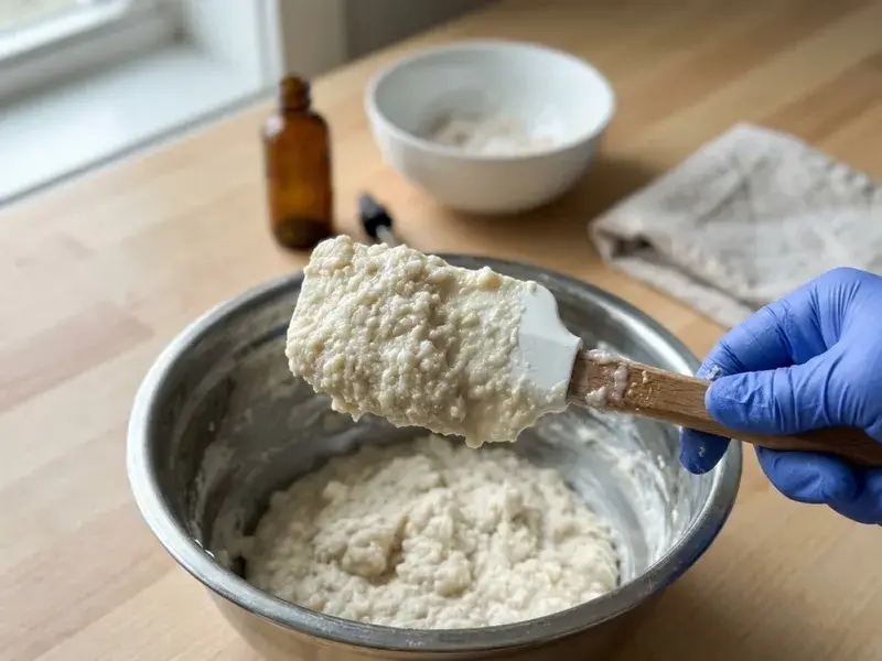 Soap batter that has turned into a thick, lumpy mass on a spatula