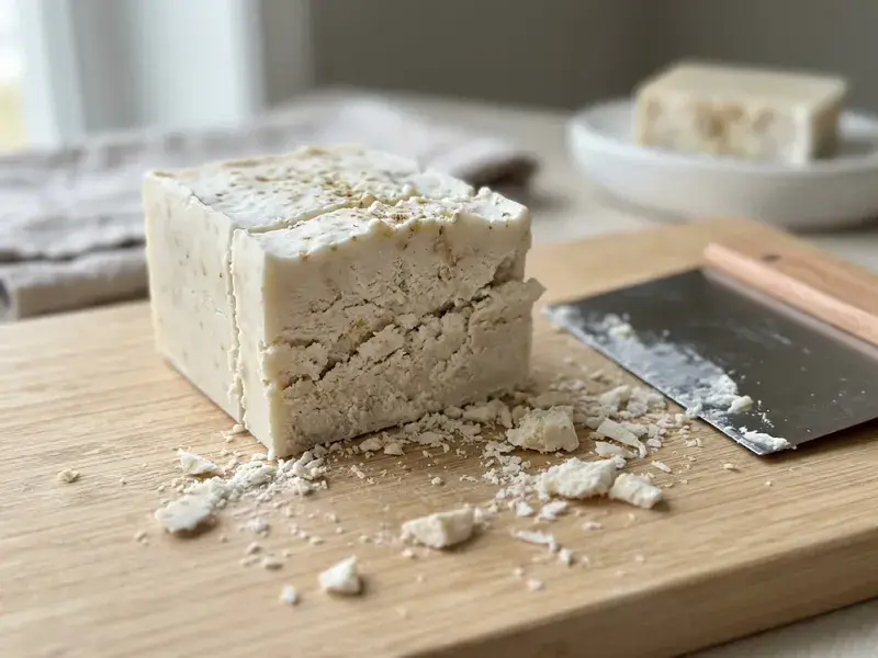 A loaf of homemade soap with a cut bar breaking into dry, chalky crumbs along the knife line