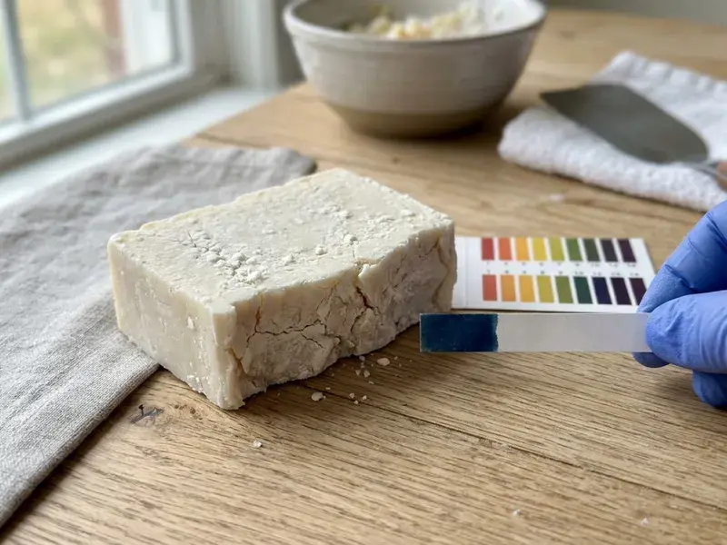 A brittle, chalky white soap bar with crumbled edges and a dry, cracked surface