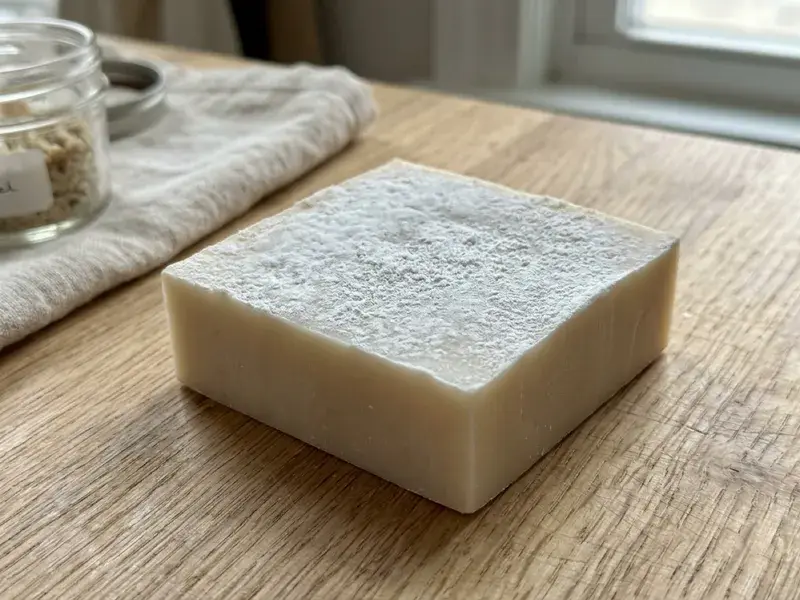 Close-up of a soap bar top covered in a dull white powdery film