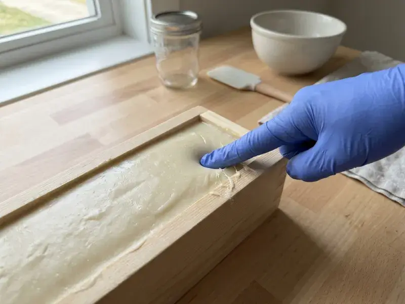 A soap loaf sagging out of a silicone mold, with a fingerprint dent left in the soft top
