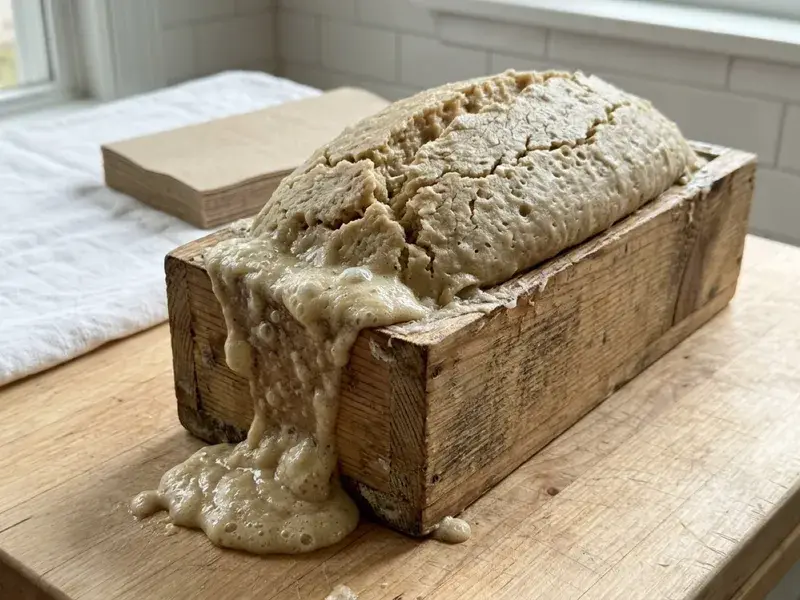 Soap batter bulging up out of a loaf mold with a cracked, glossy dome and batter running down the side