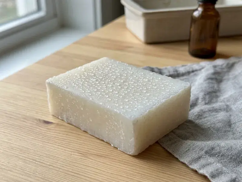 A row of melt and pour soap bars covered in small clear droplets of moisture