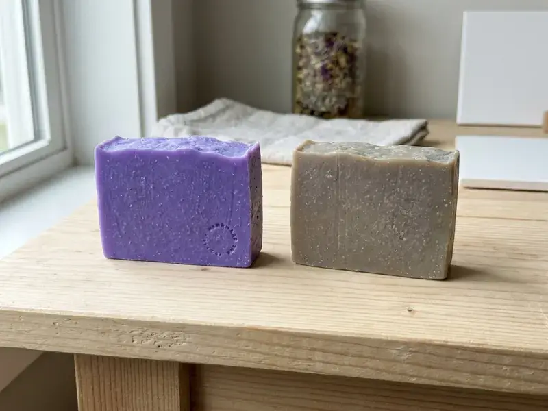 Two soap bars from the same batch, one bright purple and one faded to grayish brown