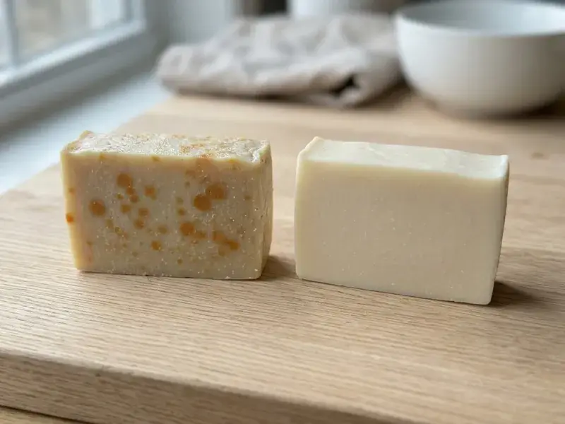 A cured soap bar with several small orange spots scattered across its cut face