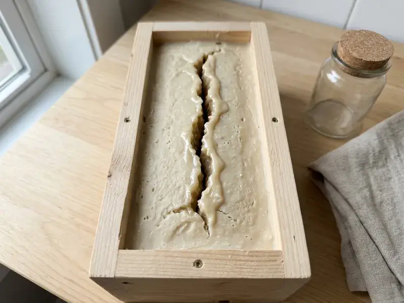 A cold process soap loaf with a deep crack running lengthwise down the center of the top
