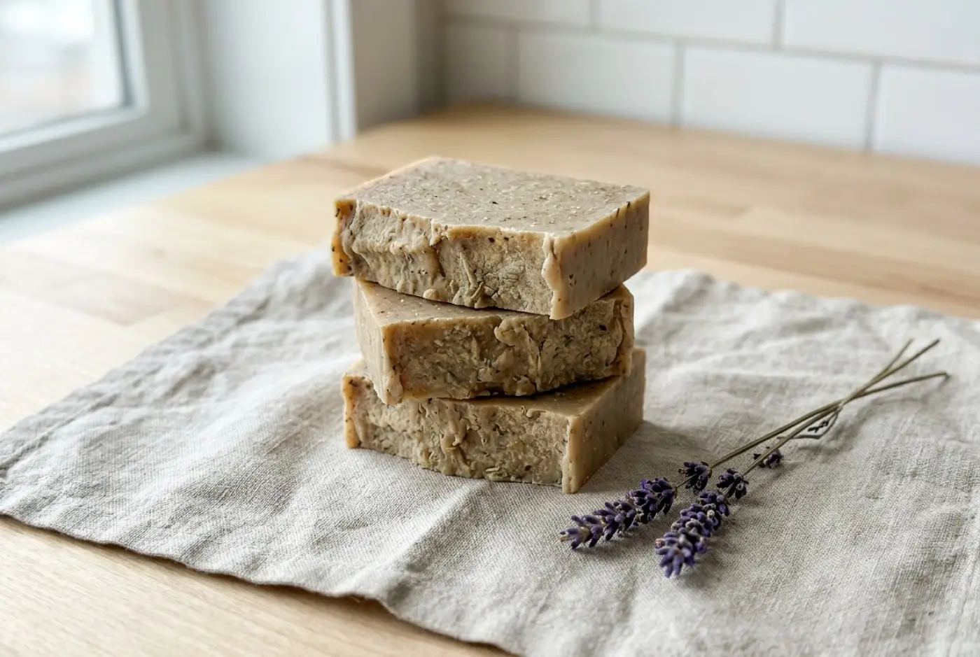 A stack of three textured handmade soap bars rests on linen beside dried lavender sprigs.