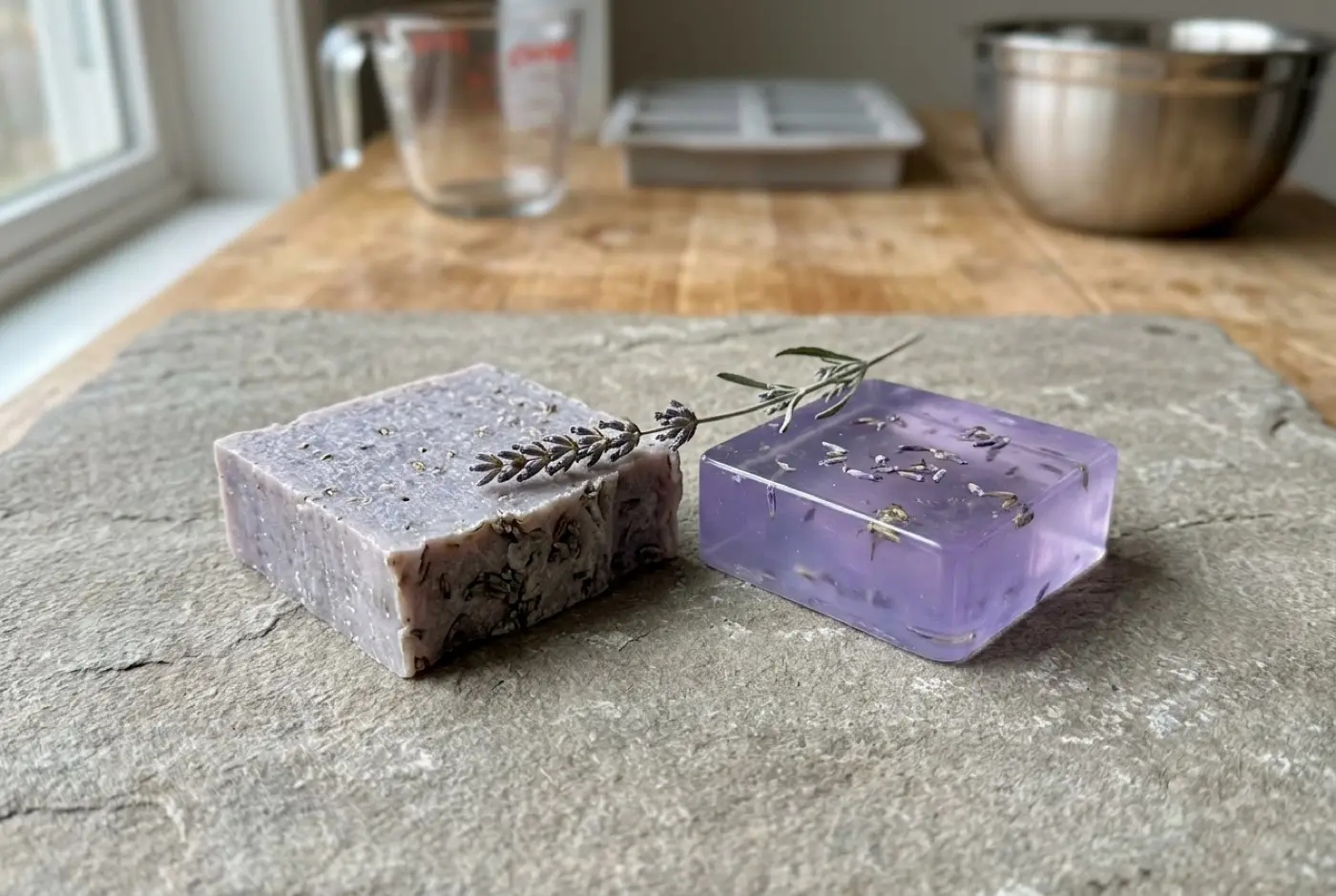 Opaque and translucent purple lavender soap bars rest on a stone slab with a dried lavender sprig.