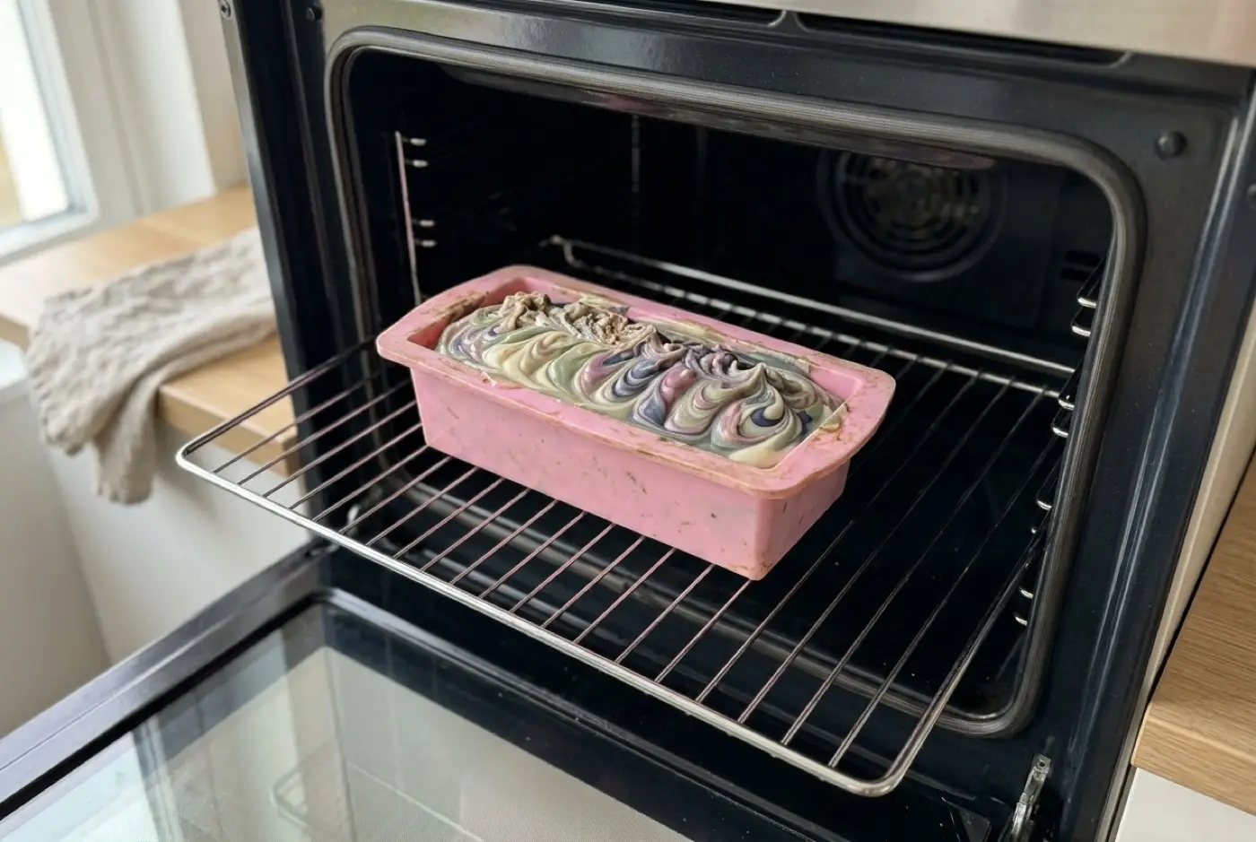 Swirled handmade soap in a pink silicone loaf mold rests on an open oven rack.