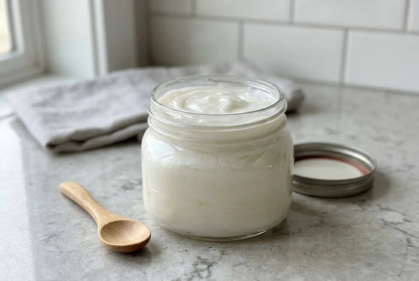 An open glass jar filled with white cream sits beside a small wooden spoon on a countertop.