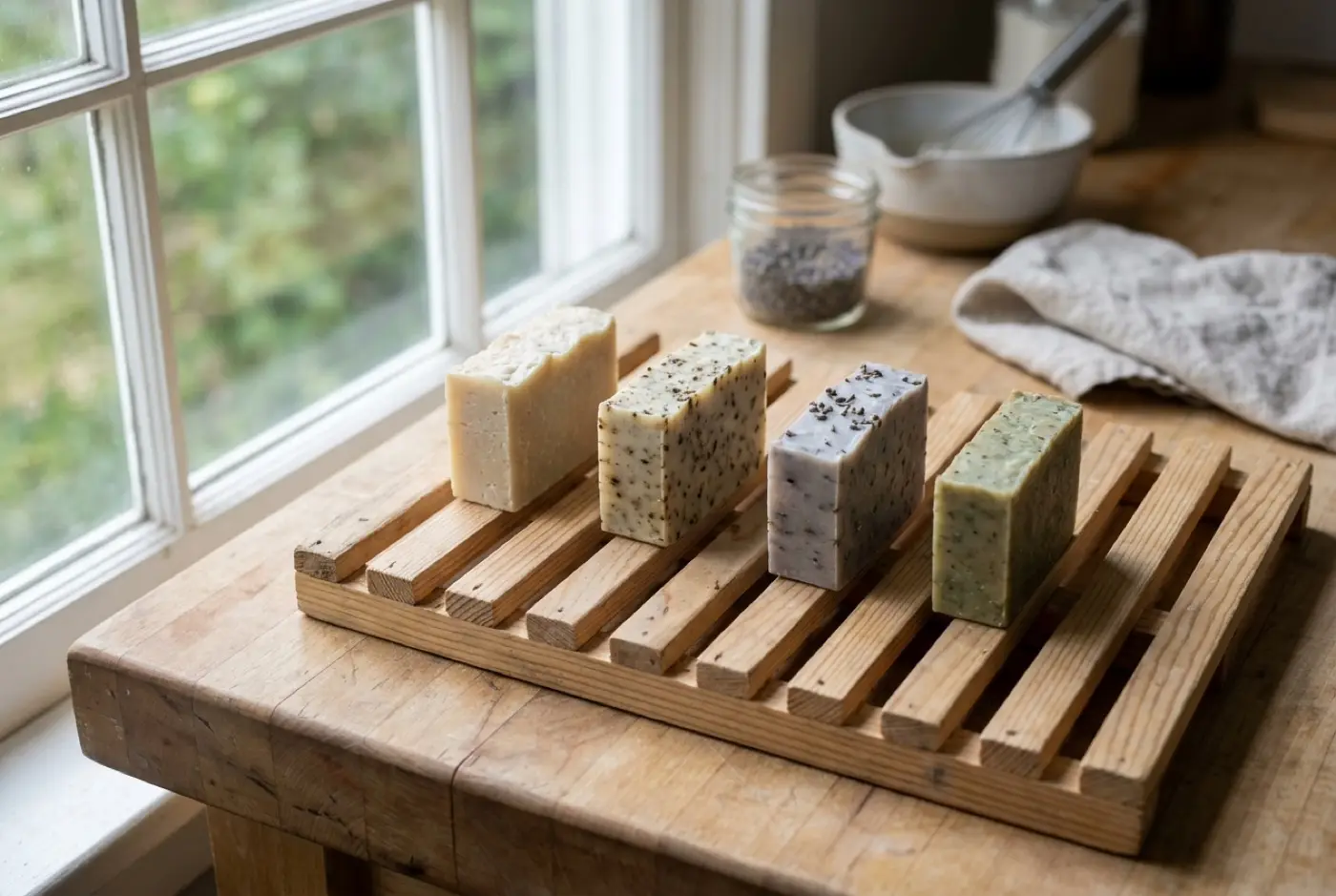 Four handmade herbal soap bars rest on a slatted wooden drying rack by a bright window.