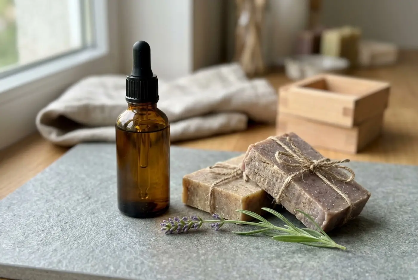Handmade soap bars tied with twine sit beside an amber dropper bottle and fresh lavender sprig.