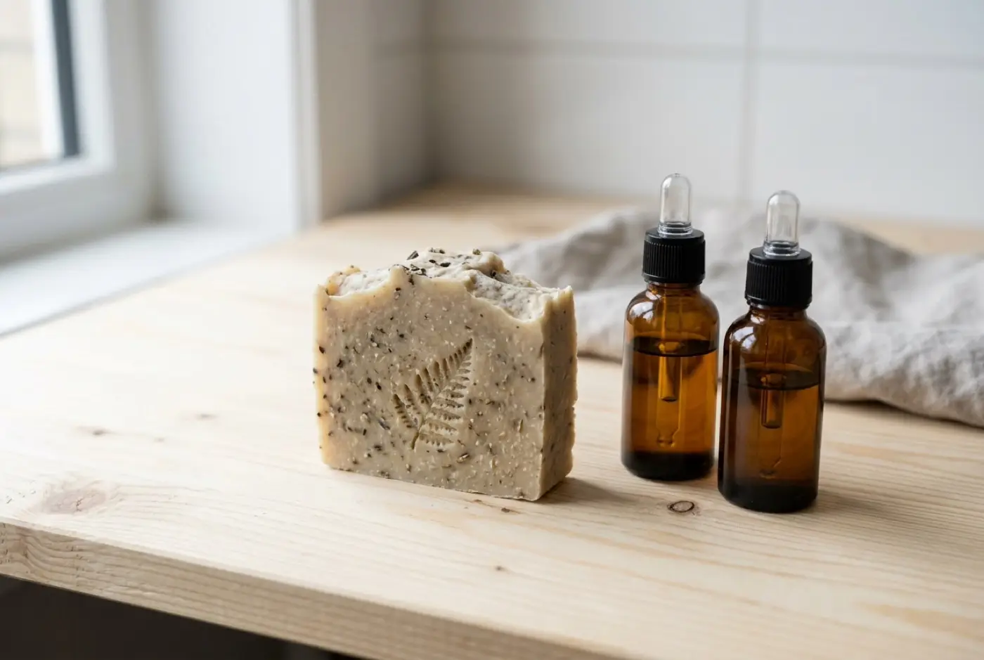 A handmade soap bar stamped with a fern sits beside two amber dropper bottles on a wooden surface.