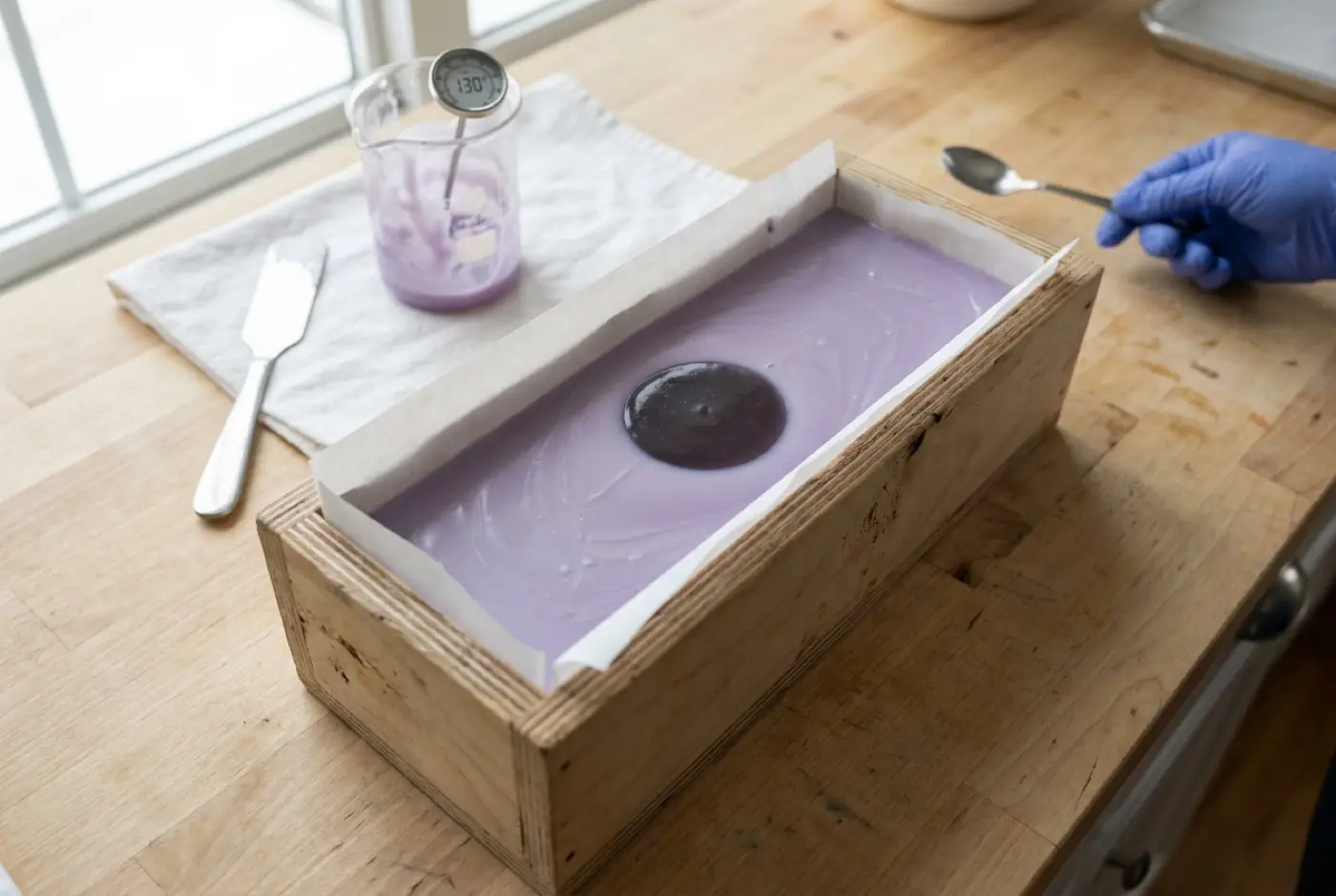 Purple soap batter fills a lined wooden loaf mold with a dark circle poured in the center.