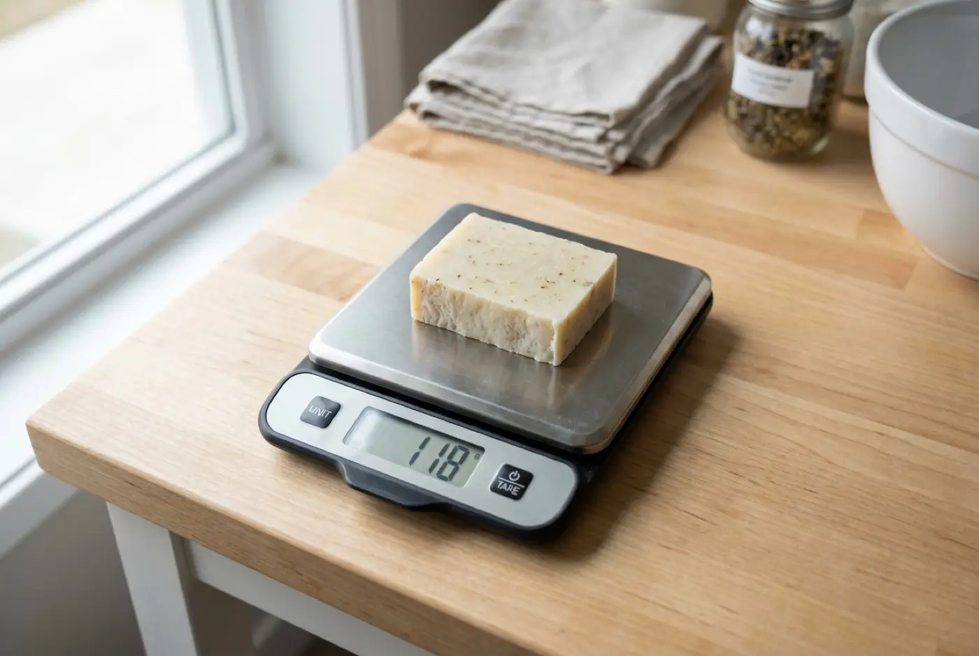 A bar of handmade soap rests on a digital scale displaying 118 grams on a wooden counter.