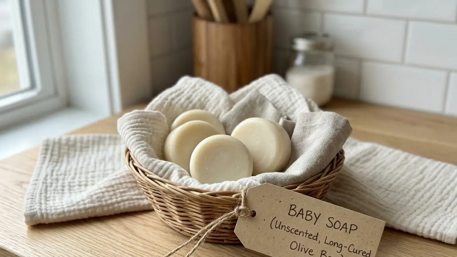 Round handmade soap bars in a fabric-lined wicker basket labeled Baby Soap on a wooden countertop.