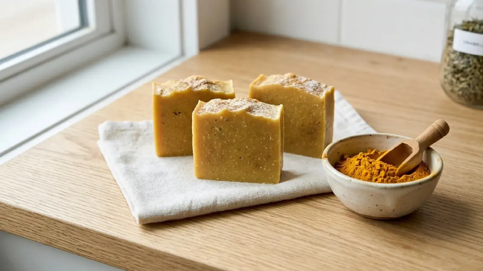 Three handmade yellow soap bars rest on a linen cloth beside a bowl of turmeric powder.