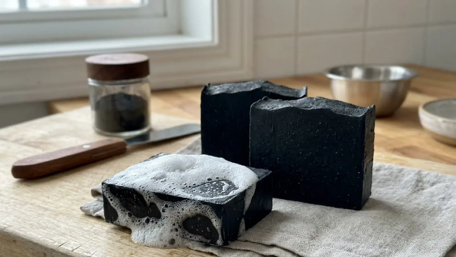 Handmade black charcoal soap bars on a wooden board, with rich white lather on one bar.