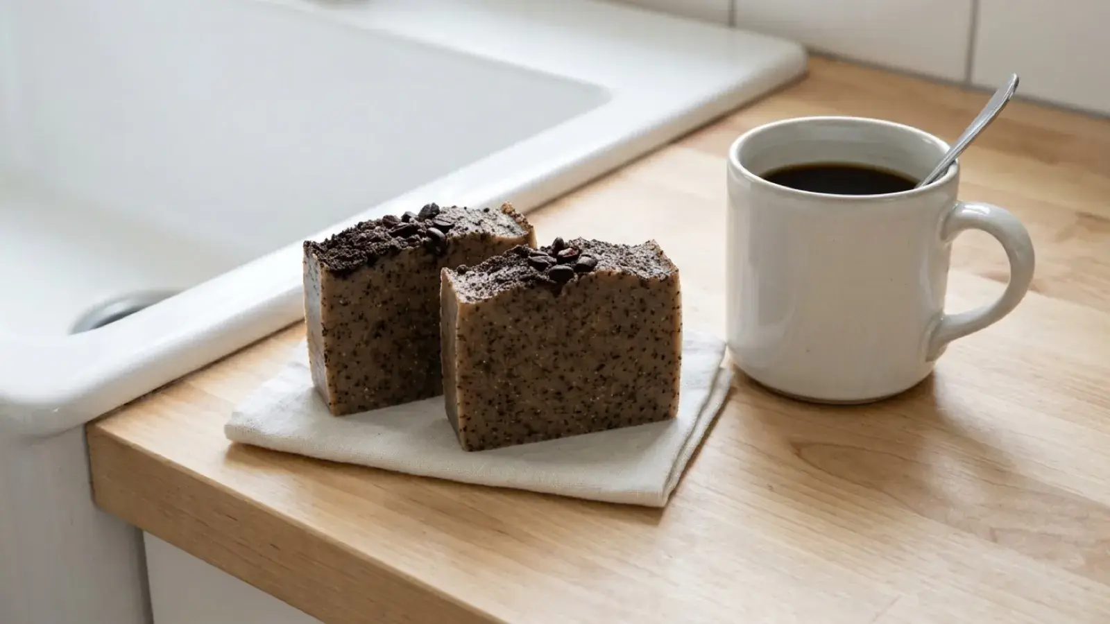 Two handmade coffee soap bars sit on a cloth napkin beside a mug of black coffee.