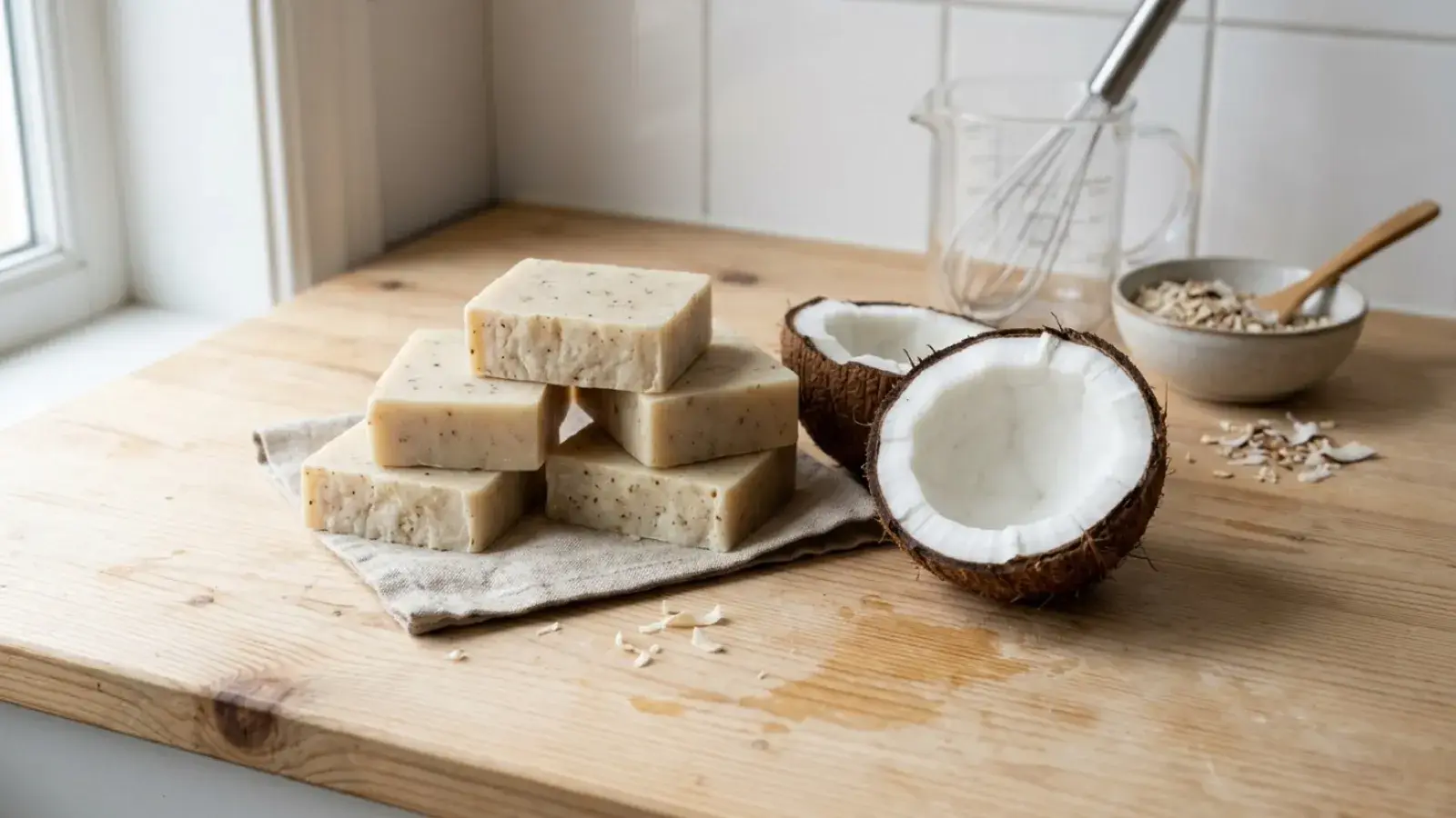 Stacked handmade soap bars beside fresh coconut halves, oats, and a whisk on a wooden countertop.