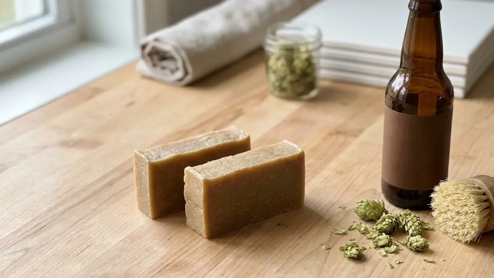 Two bars of handmade soap on a wooden table beside dried hops and an amber bottle.
