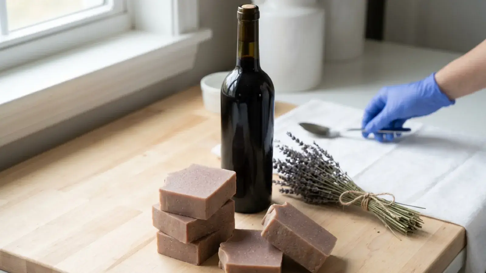 Handmade soap bars stacked on a wooden board beside a wine bottle and dried lavender.