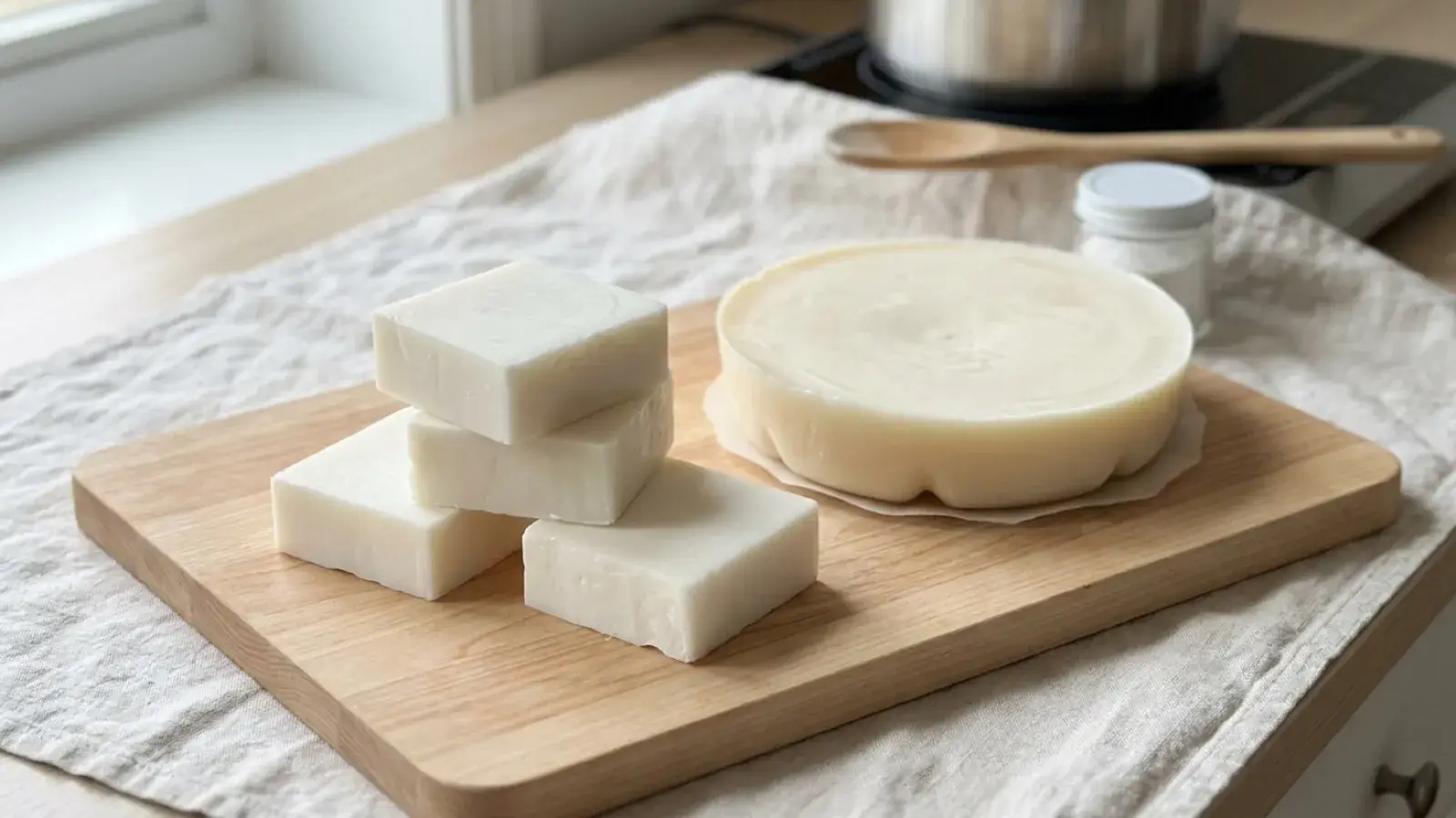 White handmade soap bars and a round solid block rest on a wooden cutting board.