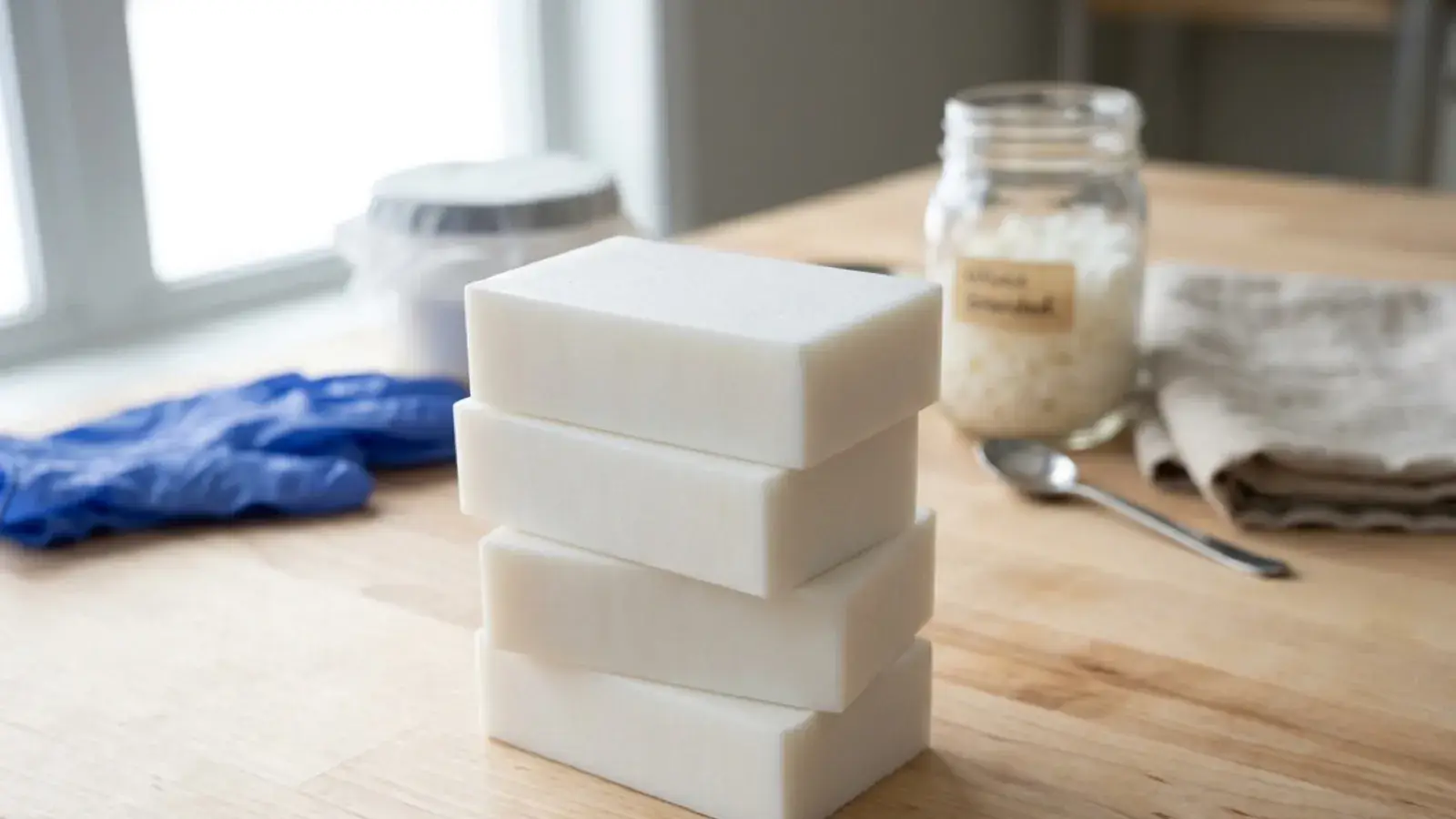 A stack of four plain white soap bars on a wooden countertop near soap-making supplies.