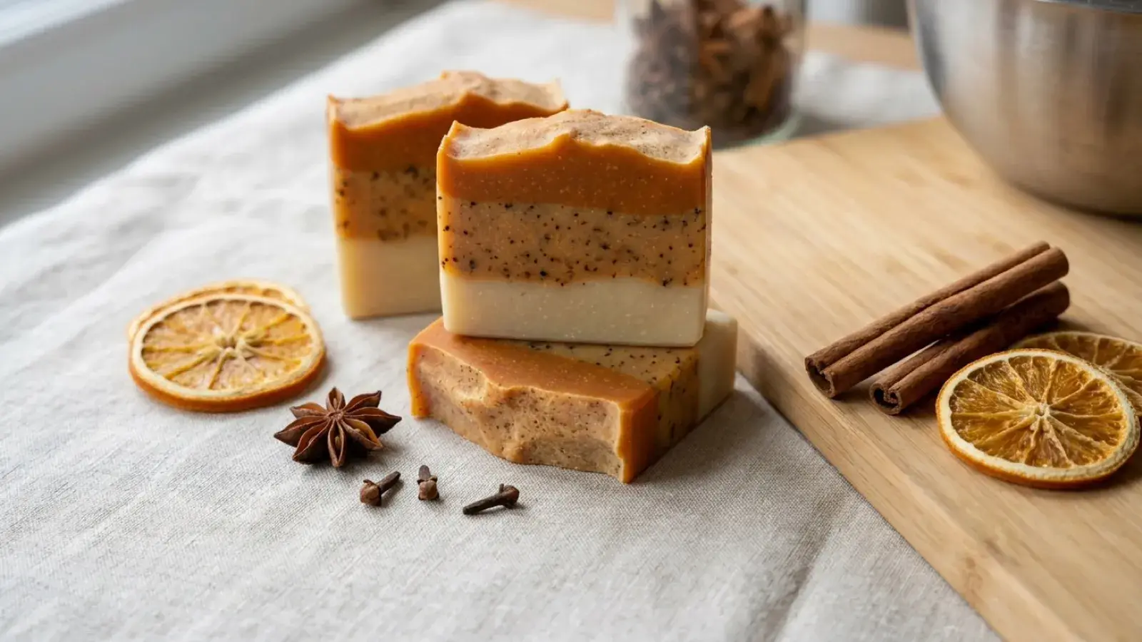 Layered handmade natural soap bars surrounded by dried orange slices, star anise, and cinnamon sticks.