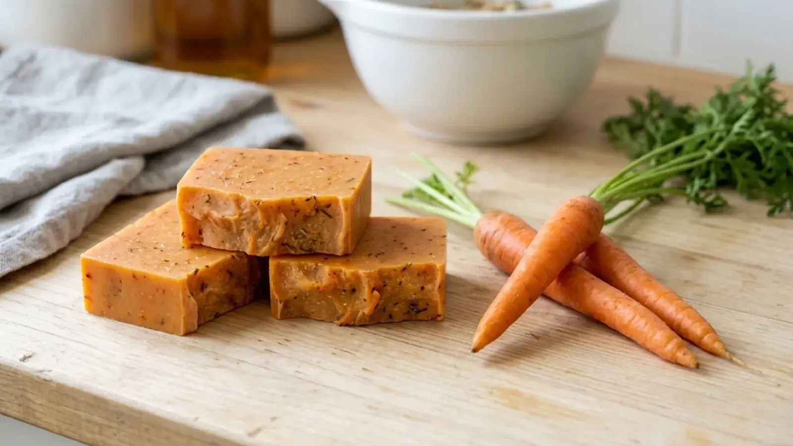 Three orange handmade soap bars sit on a wooden counter next to fresh carrots.