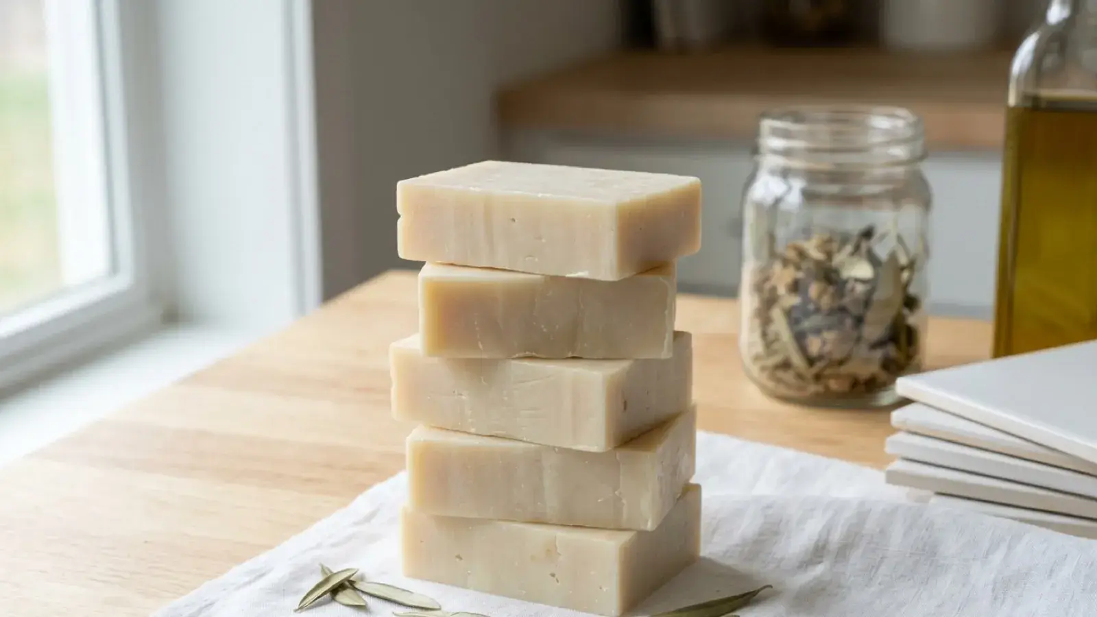 A stack of five handmade soap bars rests on a white cloth beside scattered olive leaves.