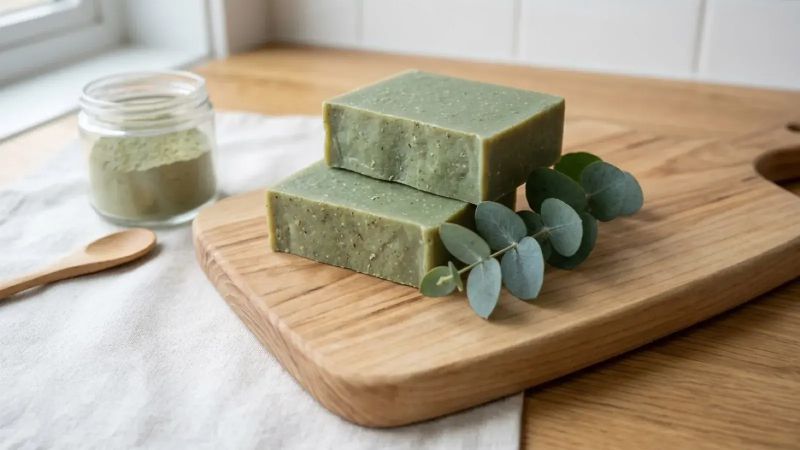 Two green soap bars stacked on a wooden board beside eucalyptus leaves and a jar of powder.