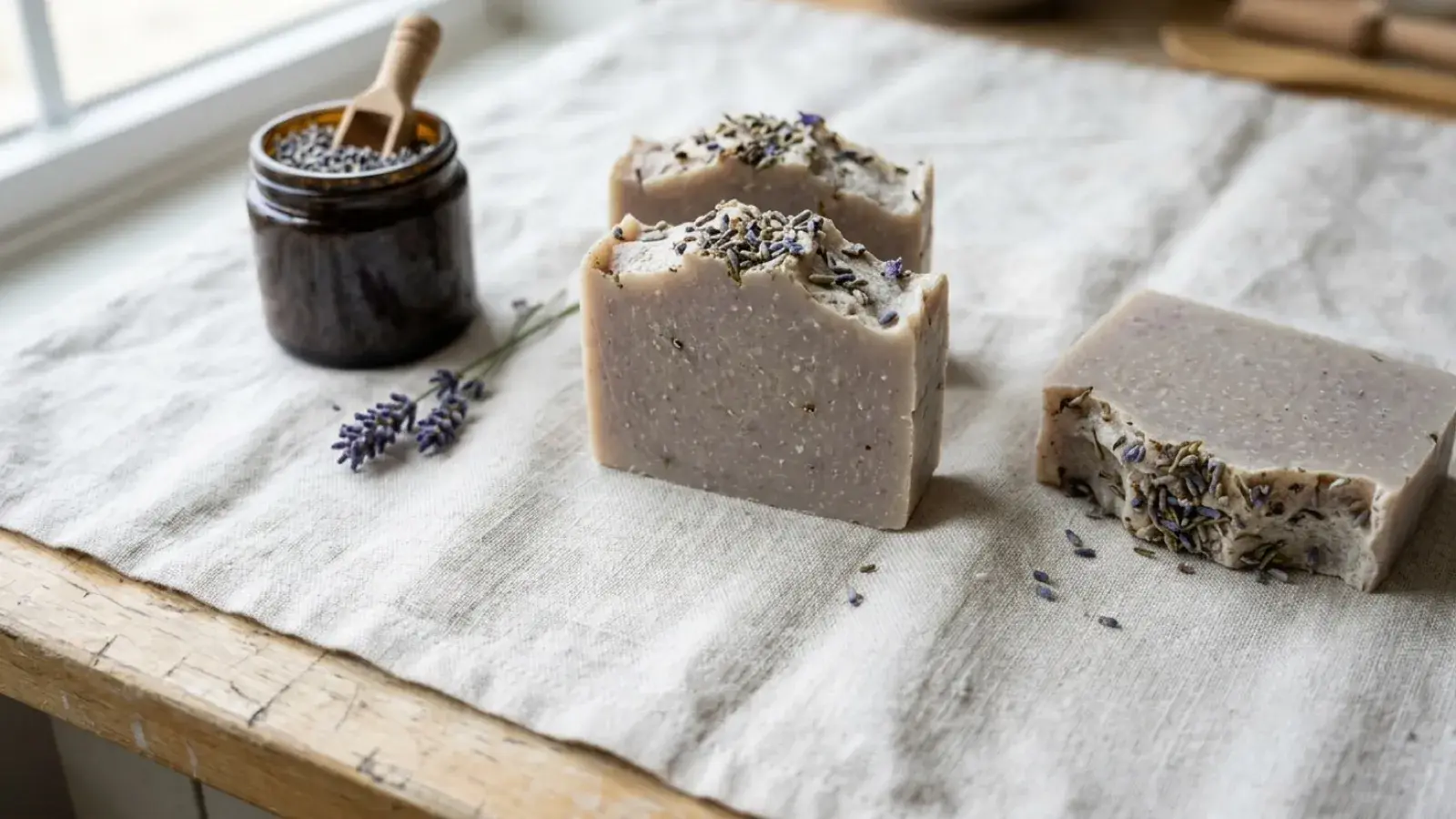 Handmade lavender soap bars rest on a linen cloth beside a jar of dried lavender buds.