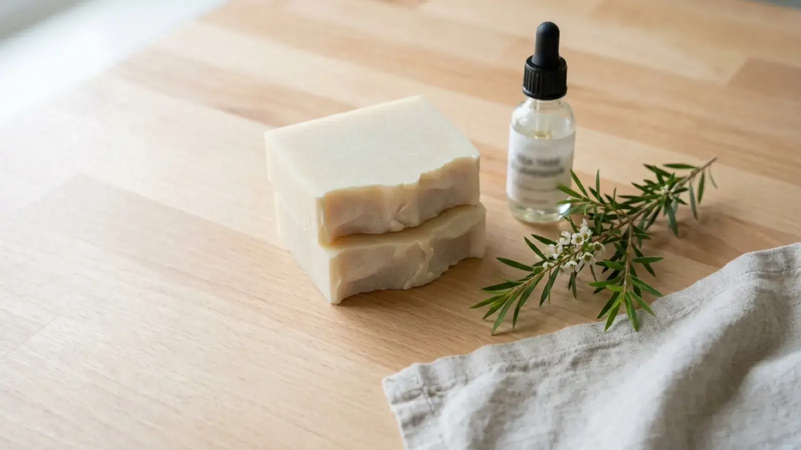 Two stacked bars of handmade white soap beside an essential oil dropper bottle and tea tree sprig.