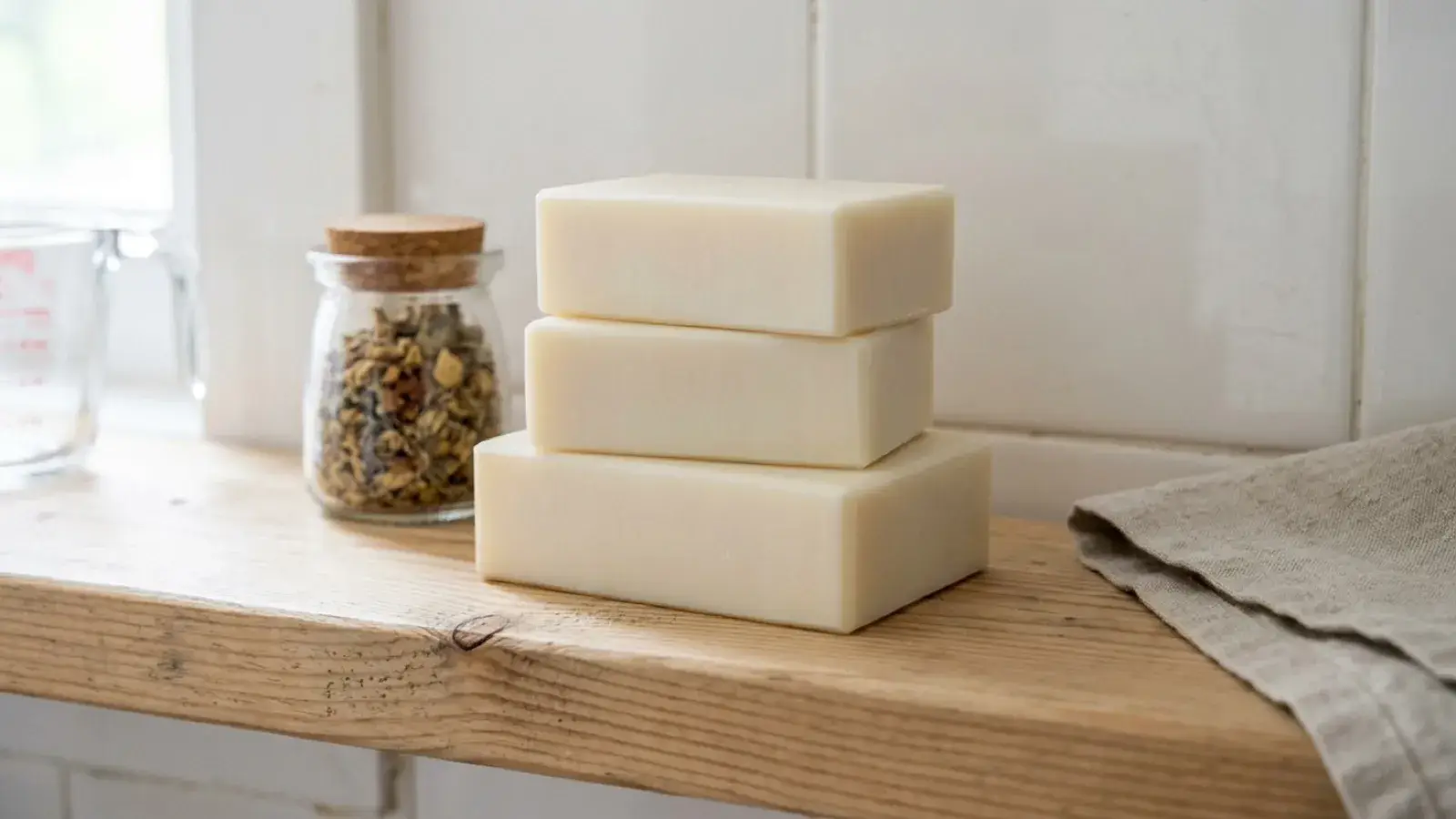 Three bars of plain white soap stacked on a wooden shelf beside a jar of dried botanicals.