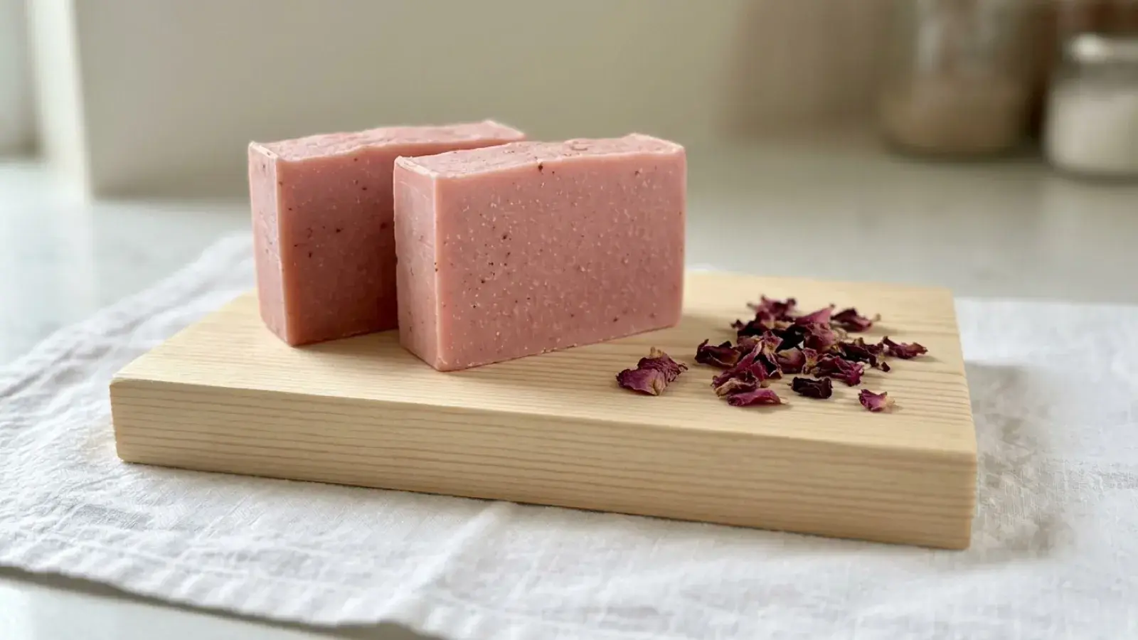 Two pink handmade soap bars resting on a wooden board next to scattered dried rose petals.