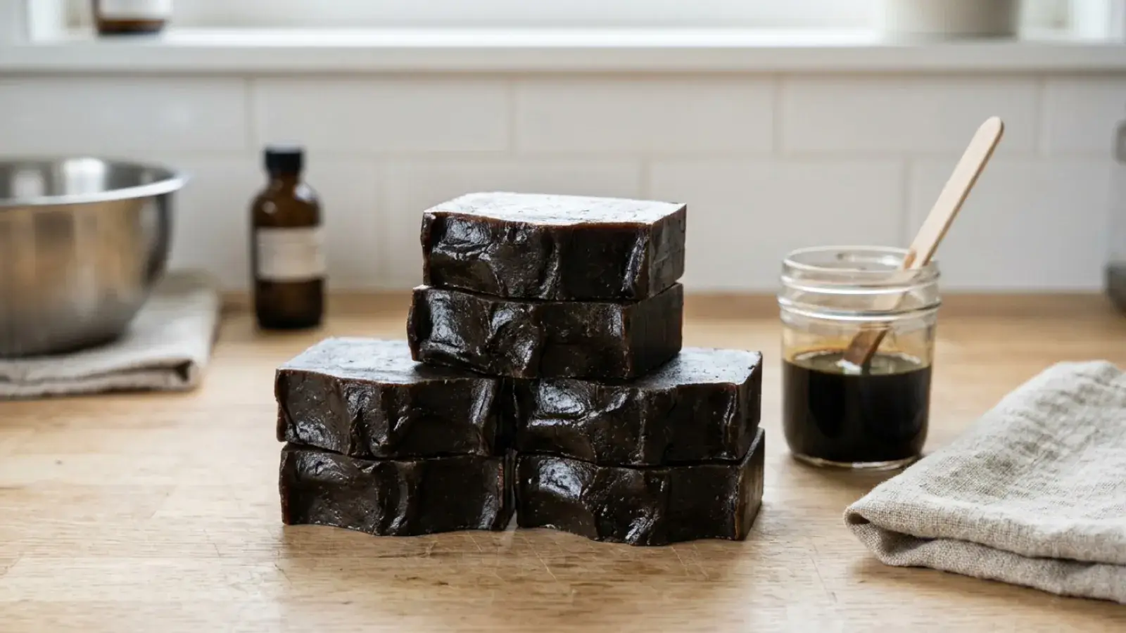 Stacked bars of dark brown handmade soap resting on a wooden countertop beside soapmaking supplies.