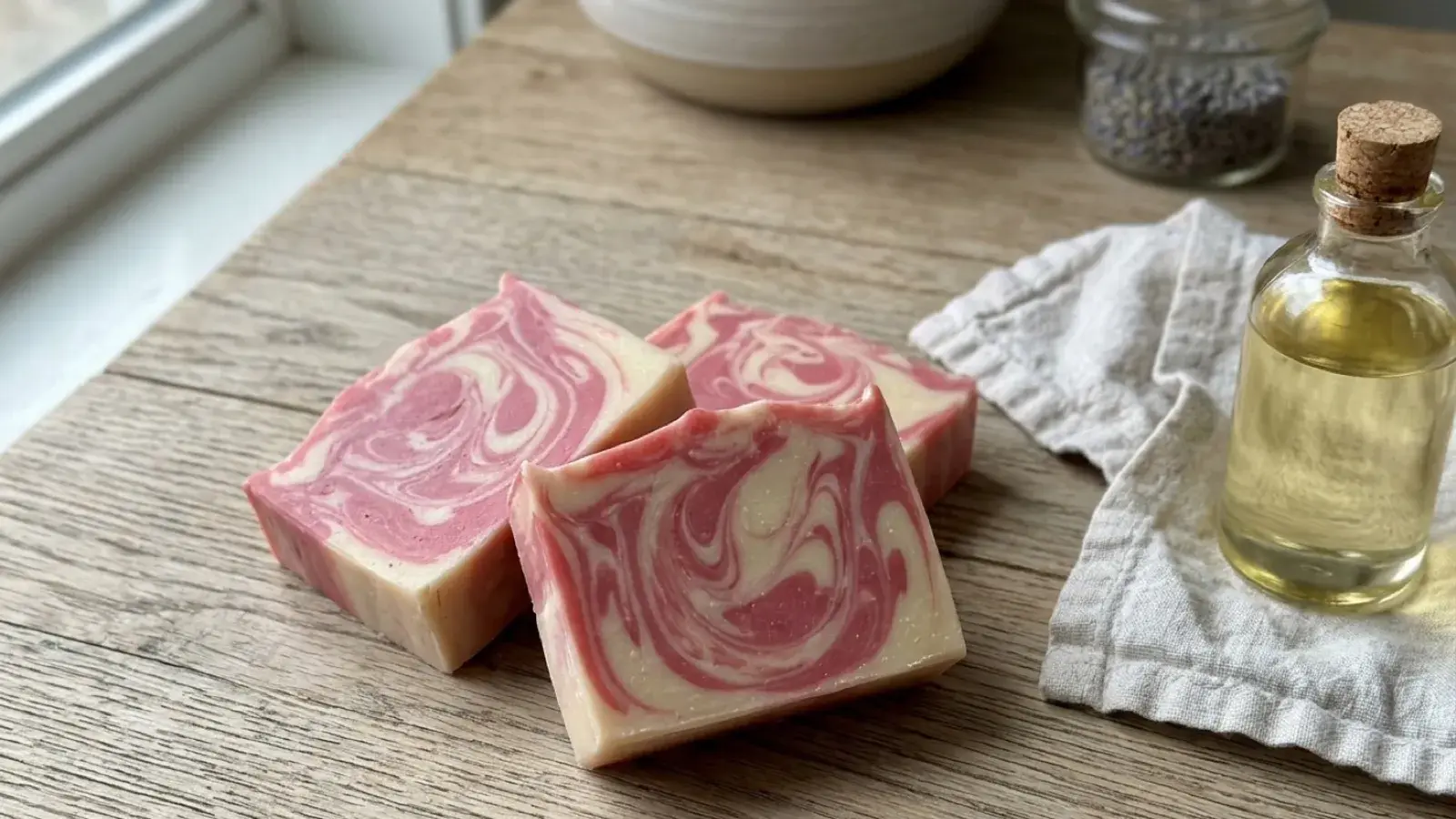 Handmade pink and white swirled soap bars rest on a wooden table next to an oil bottle.