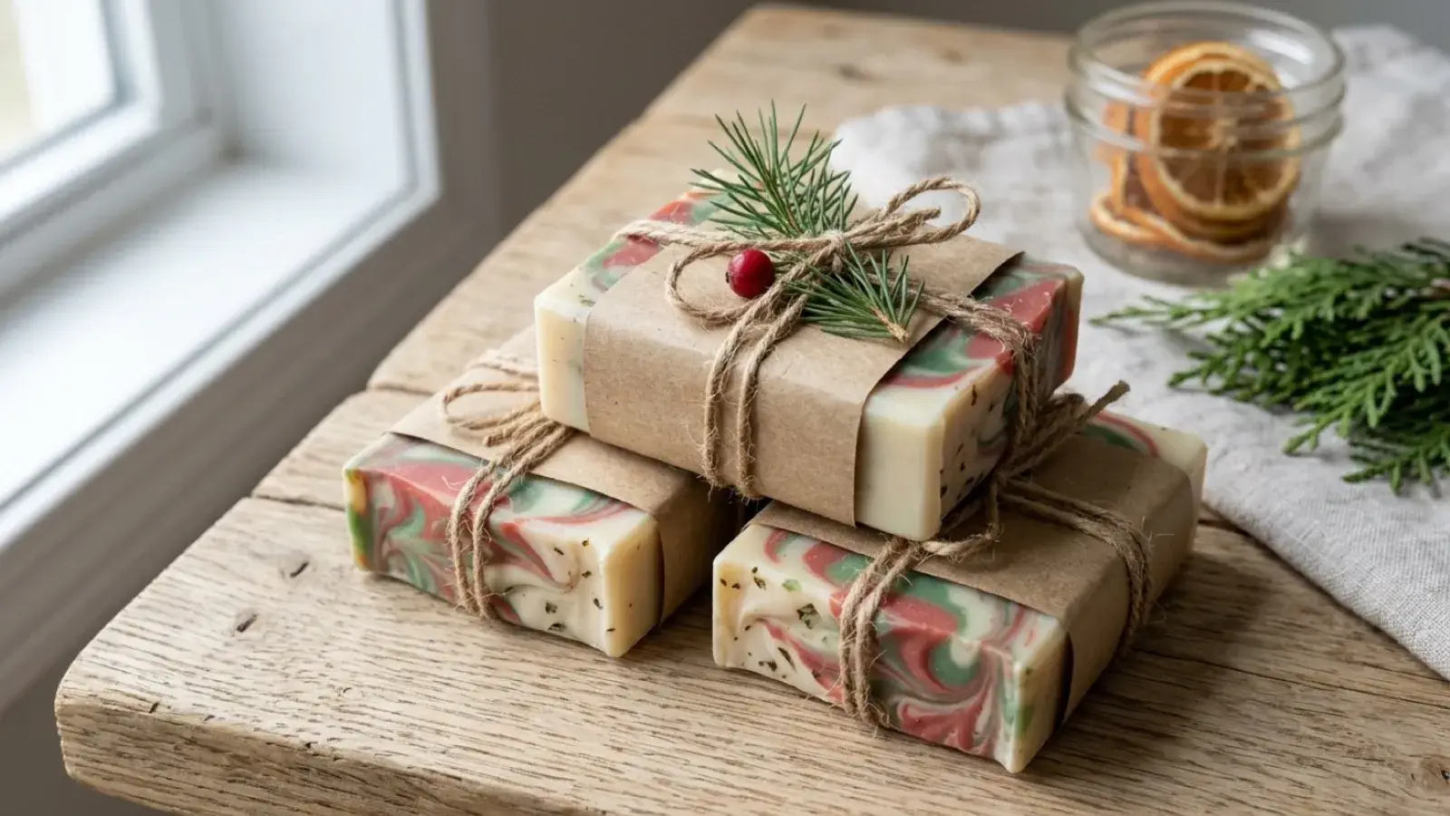 Three bars of festive handmade swirl soap wrapped in kraft paper and tied with twine.