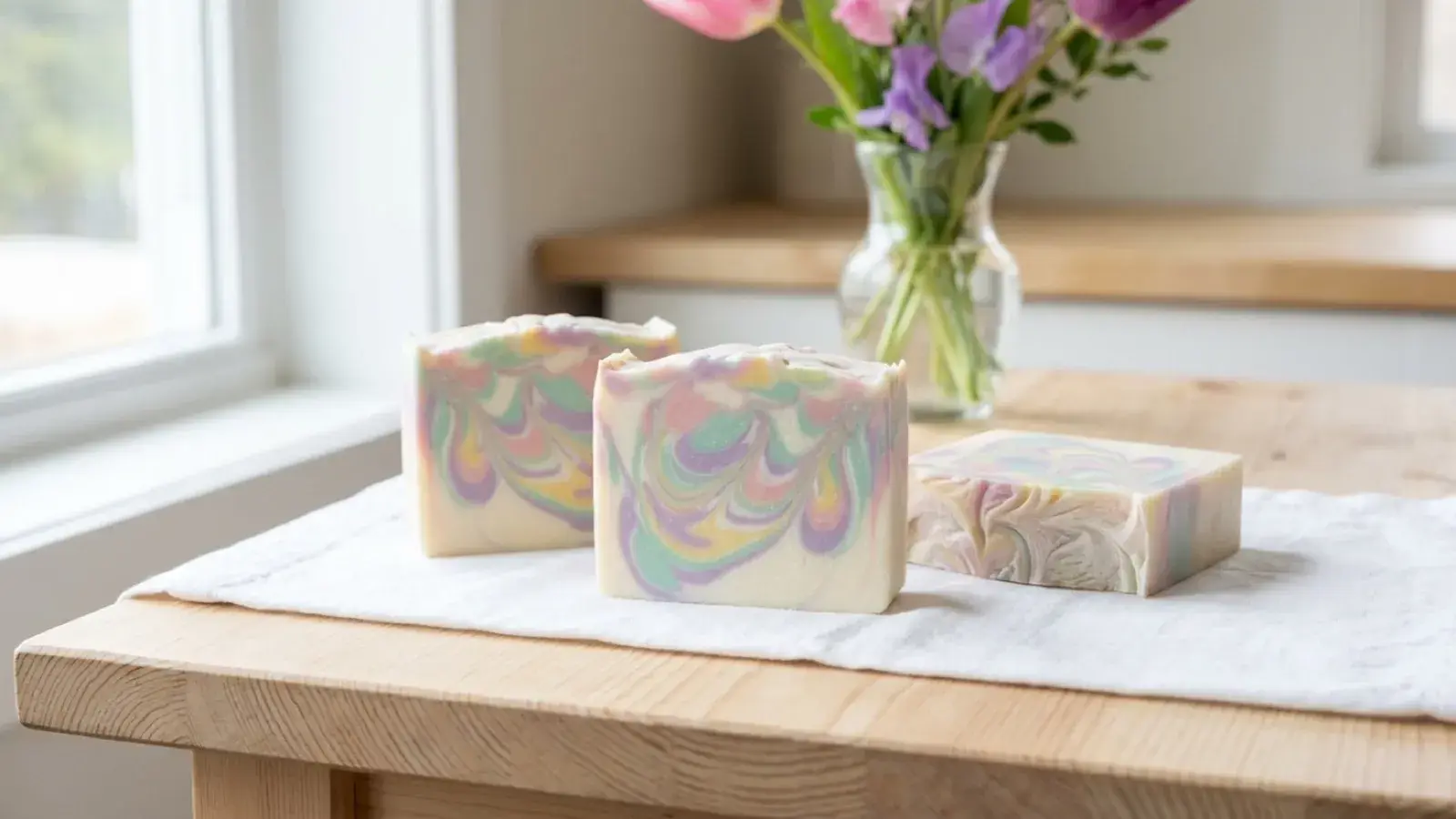 Three pastel-swirled handmade soap bars rest on a wooden table beside a vase of spring flowers.