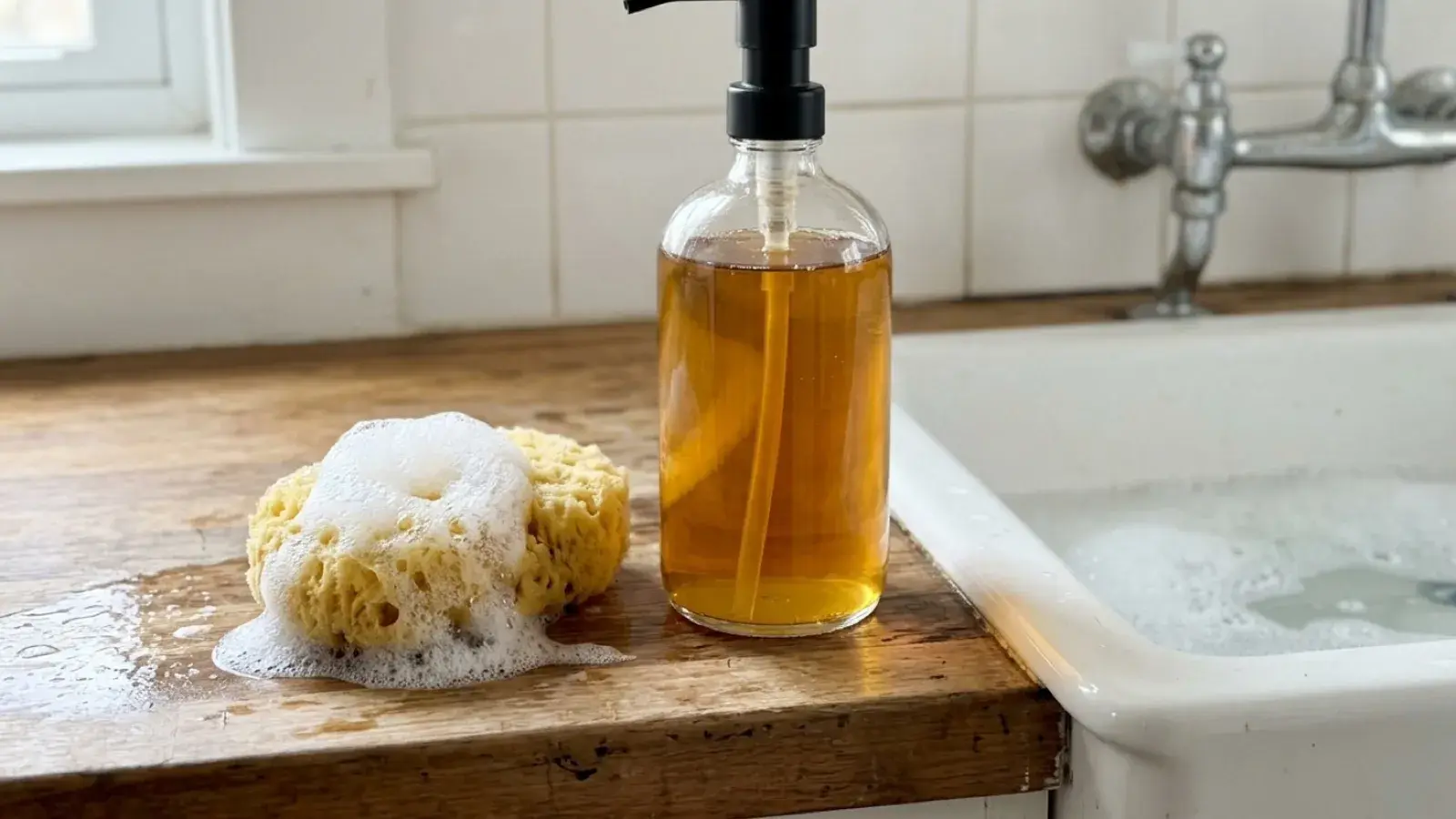 A glass pump bottle filled with amber liquid soap sits beside a sudsy natural sponge.