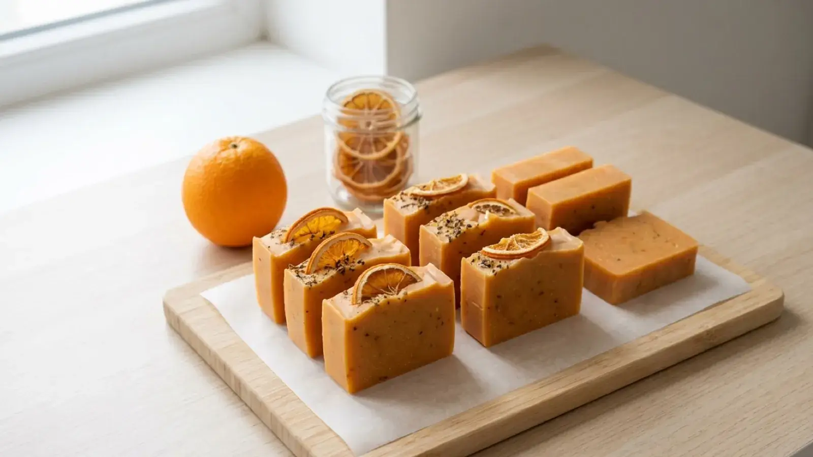 Bars of handmade orange soap topped with dried citrus slices on a wooden cutting board.