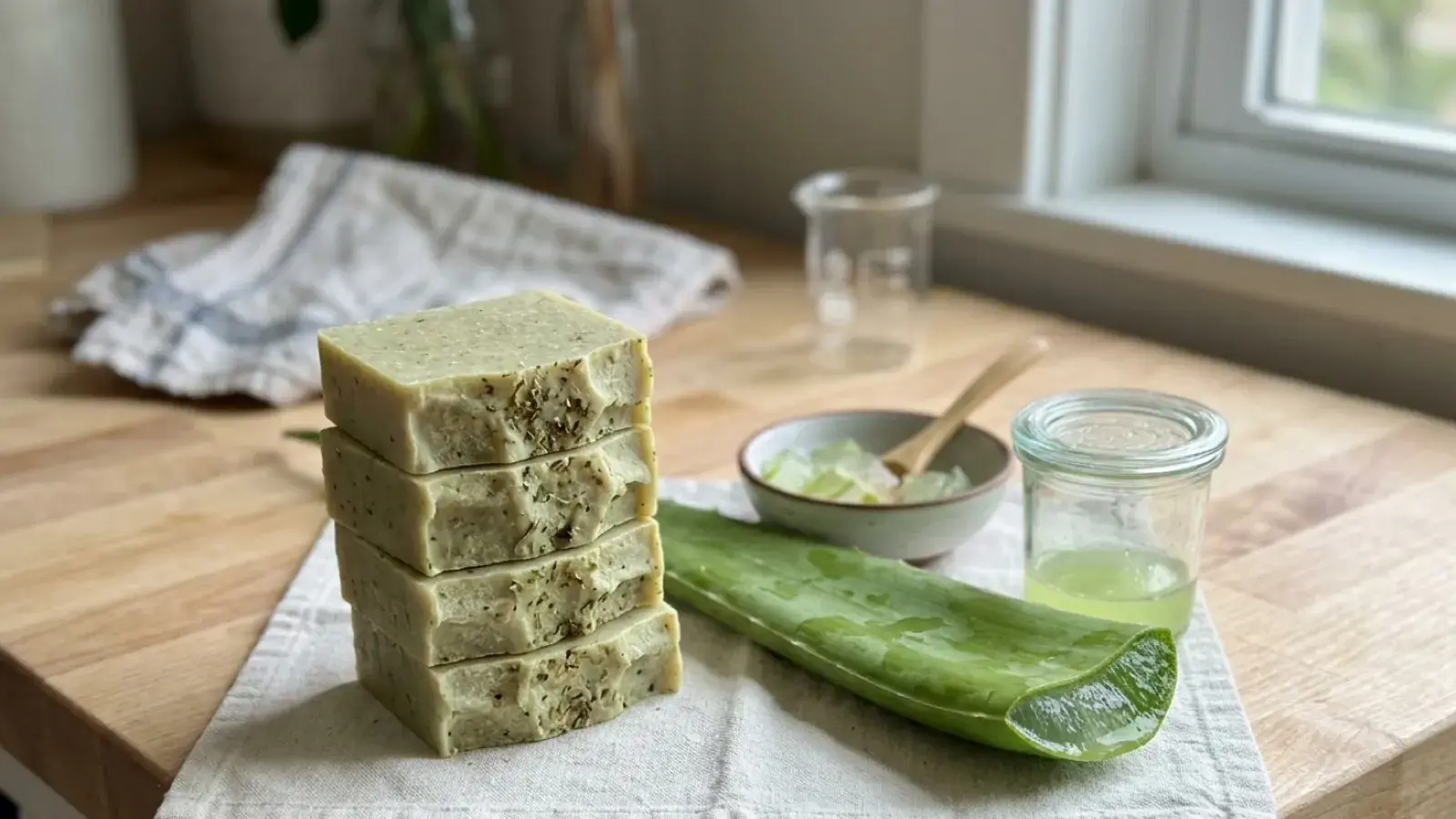 A stack of four handmade green soap bars beside a fresh aloe vera leaf and gel.