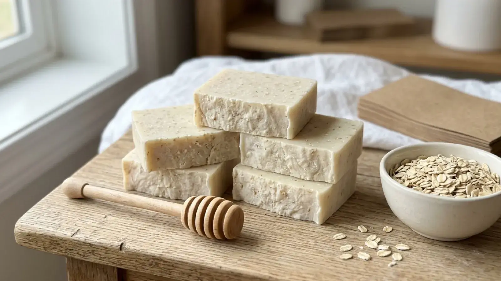 Stacked bars of handmade oatmeal soap beside a wooden honey dipper and a bowl of rolled oats.