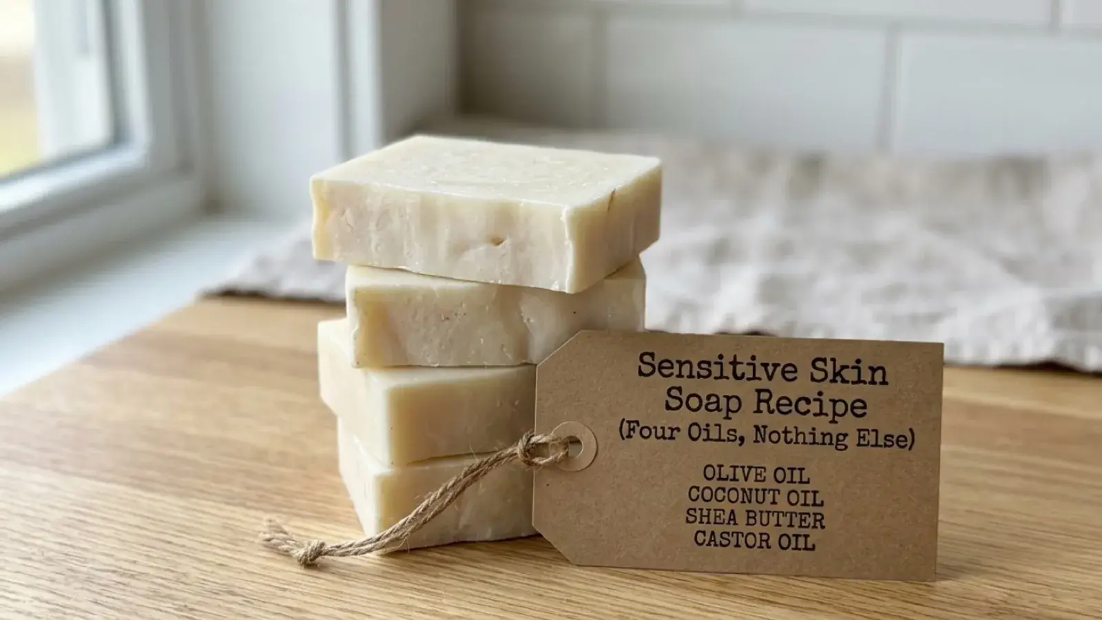 Four stacked bars of handmade white soap beside a kraft paper recipe tag on a wooden board.