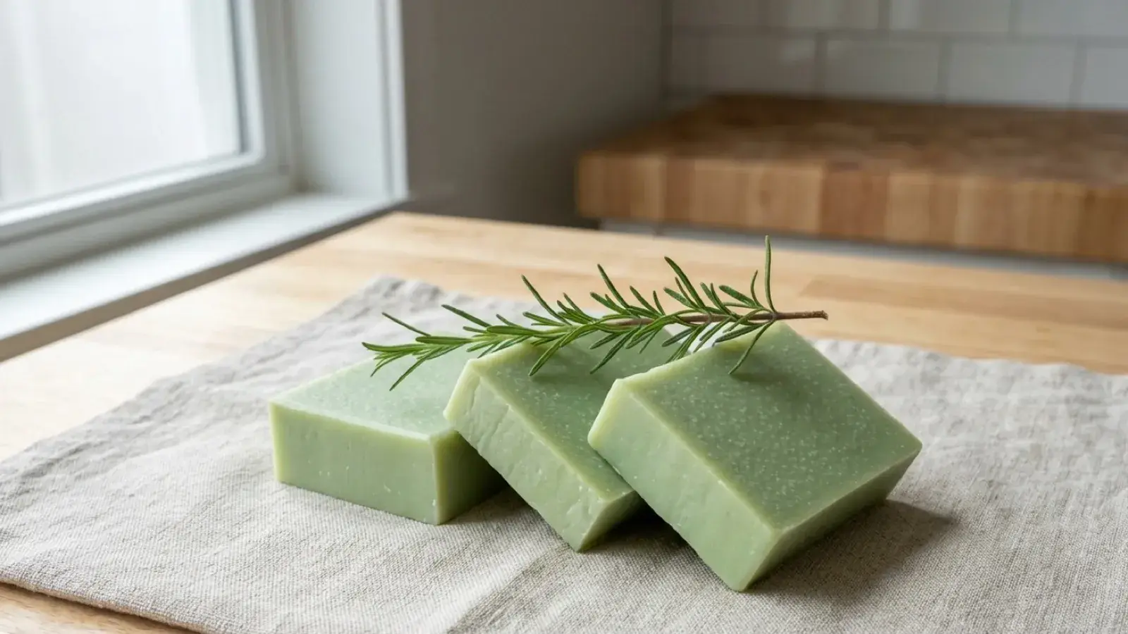 Three light-green soap bars topped with a fresh rosemary sprig on a linen cloth.